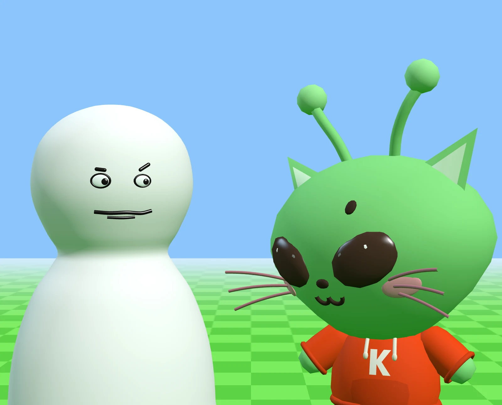 me and a white blob of a human, side eyeing each other on my grass